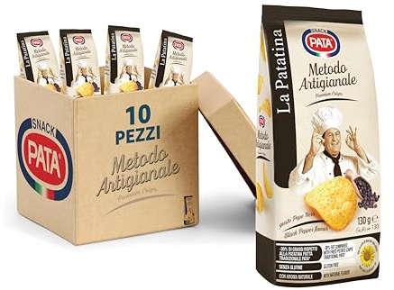 PATA | Patatine Gusto Pepe Nero Metodo Artigianale, Senza Glutine, Con Olio di Semi di Girasole Alto Oleico, con Aromi Naturali, 10x130g