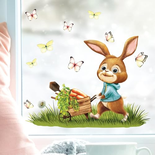 Wandtattoo Loft Fensterbilder Frühling Selbstklebend Hase mit Schubkarre Motiv – A4 Bogen, Wiederverwendbar – Deko Frühling, Frühlingsbild Fenster, Fensterdeko Frühling, Fensterbild Ostern