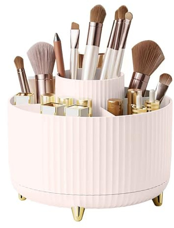 DDGAO Rotating Desk Organiser Pen Holder - 360° Degree Pen Holder for Desk Stationary Makeup Organiser with 5 Compartments Pencil Pen Pots for Home Office School Classroom Desk Tidy Stationary (Pink)
