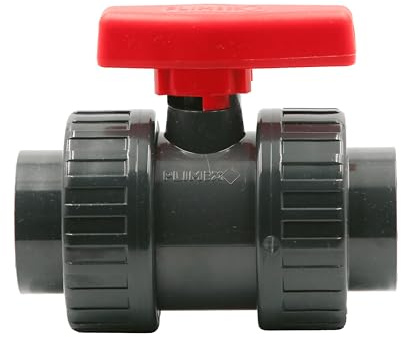 HAF 1x PVC 2 Wege Kugelhahn Roter Griff mit 63mm x 63mm | Klebemuffe x Klebemuffe | Absperrhahn aus grauem PVC-U | PN16 für Poolfitting, Pool, Schwimmbad, Poolverrohrung, Druckleitung, Rohrleitung