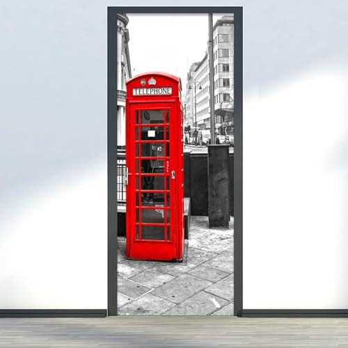 Türtapete Selbstklebend Rote Telefonzelle Der Stadt 95 X 210 Cm Türposter Fototapete Poster Tapete Pvc 3D Türaufkleber Selbstklebend Diy Türbild Wandbild - Kinderzimmer Wohnzimmer Küche Schlafzimmer