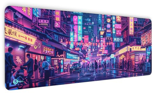 Gaming Mauspad XXL Mousepad Neon Tokio Büro | Format 800 x 300 mm 4 mm Oberfläche rutschfest mit vernähten Kanten für Gaming Büro Schreibtisch für Gaming Büro PC