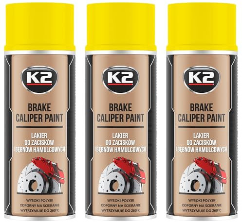 K2 Pintura para Pinzas de Freno Anticalórica Pack de 3 Color Amarillo Alta Resistencia a Temperaturas hasta +260°C 400 ML