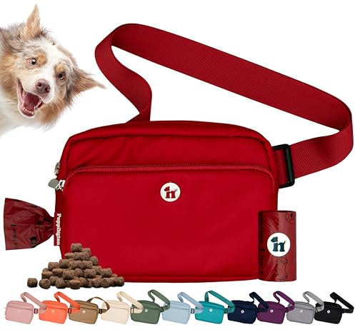 Puppington 3-in-1 Crossbody Dog Walking Bag & Treat Pouch with Matching Planet Safe Poop Bags & Built-In Dispenser - Dog Mom Gift for Puppy Training with Zippered Pockets (Ruby Red)