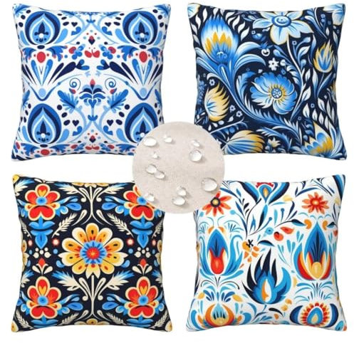 Kissenbezug 45x45 Outdoor Kissen, Dekokissen Sofakissen, Leinen Wasserdicht Kissen Outdoor Wasserfest Zierkissenbezüge 4er Set für Schlafzimmer Sofa Stuhl Bett Garten Gifts, Blau, Böhmisch 254x