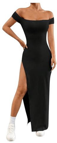 GORGLITTER Damen Kleid Elegant Schulterfreies Kleid mit Schlitz Langes Bleistiftkleid Bodycon Freizeitkleid Partykleider Schwarz S