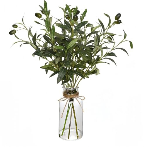 YELIKIT Artificial Plants Olive Branch in Glass Vase, 36 CM/ 14.5” Fake Plant Greenery Stems with Olive Branches Faux Eucalyptus Stems for Home Office Farmhouse Wedding Table Centerpiece Décor