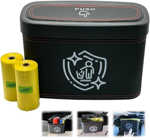 KORBINO Mülleimer für Auto mit 40 Stück Mülltüten, Zubehör Innenraum, Mülleimer mit Deckel klein in schwarz, Auto und Tisch Organizer & Accessoires, Hängende aufbewahrungsbox, Getränkehalter
