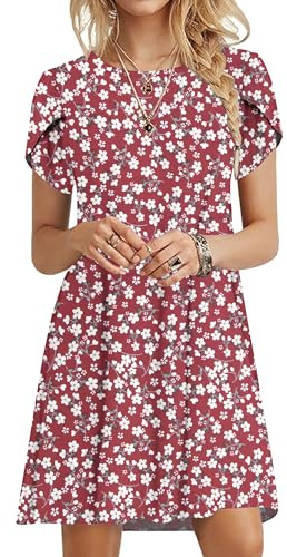 PLOKNRD Robe D'été Femme Manches Pétales T Shirt Robe A-Line Casual Robe col Rond Décontractée Chic et Elegant Robes(Fleurs Rouges,M