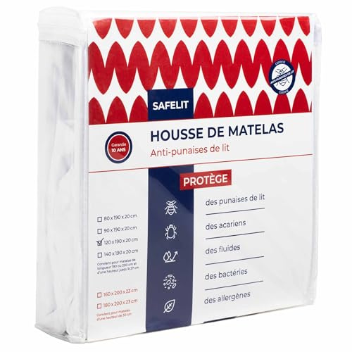 Housse de Matelas Anti punaises de lit SAFELIT - Anti ancariens - imperméable - Fermeture éclair sécurisée - Entreprise Française (140x190/200 épaisseur 18 à 27 cm)