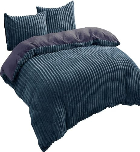 Visaggio Winter Bettwäsche 135x200 cm Teddy Plüsch Cord Streifen 4-teilig Cashmere Touch Nicky Coral Fleece Dunkelgrün