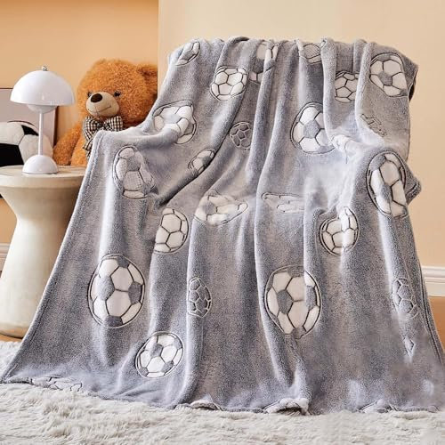 Wajade Football Gifts for boys Glow in Dark Blanket Birthday Easter Decor for Boys Gifts Blanket for Kids Age 1 2 3 4 5 6 7 8 9 10 11 12 Years Old (Football 130 * 150 CM)