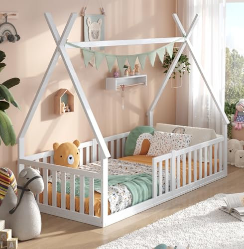 ALAVYA HOME® Hausbett Bodenbett Sky FSC Zertifiziert mit Rausfallschutz & Lattenrost, bodentiefes Jugendbett weiß massiv BUCHE für Junge Mädchen (Weiß - mit Matratze, 80 x 160 cm)
