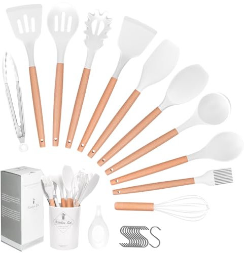 Howephofly Ustensiles de Cuisine Silicone et Bois, 23 Pièces Outil de Cuisine Antiadhésif Anti-Rayures, Ustensiles Cuisine Antiadhésive Set, sans BPA, avec Pot de Rangement (Blanc)