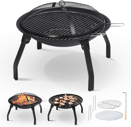Keplin - Portable Folding Fire Pit with Lid & Carry Bag - Durable Stainless Steel 304 Firepit with BBQ Grill, Food Safe & Dishwasher Safe, for Garden, Camping, Patio & BBQs - 55x55x28cm Unfolded