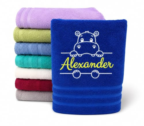 Wuff-Dogsworld Kinderhandtuch mit Motiv & Namen Bestickt, personalisiert, für Jungen & Mädchen, Verschiedene Motive & Farben, 100% Baumwolle (Azur blau, 50 x 100 cm)