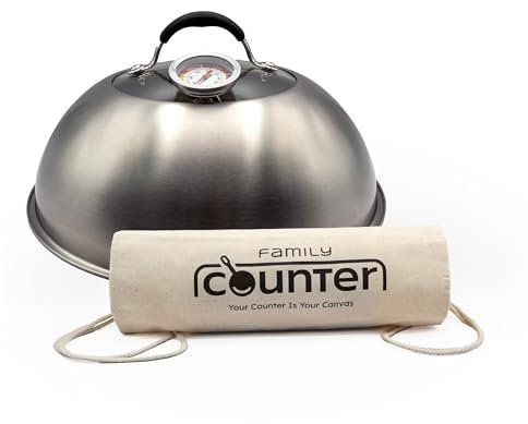 Family Counter Cupola di fusione con termometro e piano in vetro, 30,5 cm, in acciaio inox, con sfiato per il vapore, perfetta per barbecue, grigliate, scottature e cucina in famiglia, fino a 370 °C