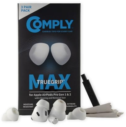 Comply TrueGrip MAX | Premium Memory Foam Replacement Earbud Tips for Apple AirPods Pro 1 & 2 | Long Lasting Comfort, Extreme Durability, Secure Fit, Superior Noise Isolation| White (S/M/L) (3 Pairs)