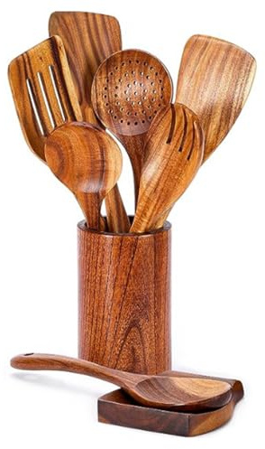 Juego de 9 cubiertos elegantes de cocina, utensilios de cocina, textura de madera, juego de utensilios de cocina para cocinar personas