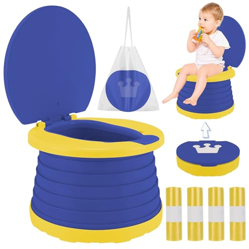 Bärbar Toalett för Barn Resepott Vatten Toalettskål Vikbar Badkar Baby Baby Sittplats Potty Training Träning med 60 engångsväskor för inomhus- och utomhuscamping (blå)