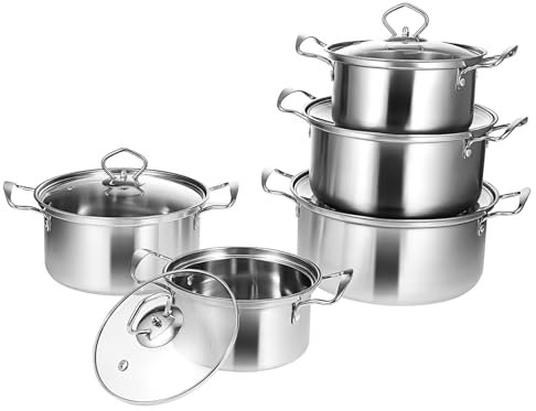 Cabilock Juego de Ollas para Guisar 10 Piezas Acero Inoxidable con Tapas de Vidrio Templado Asas Dobles Seguras para Cocina Hogar y Ollas Grandes para Conservar y Cocinar Sopas