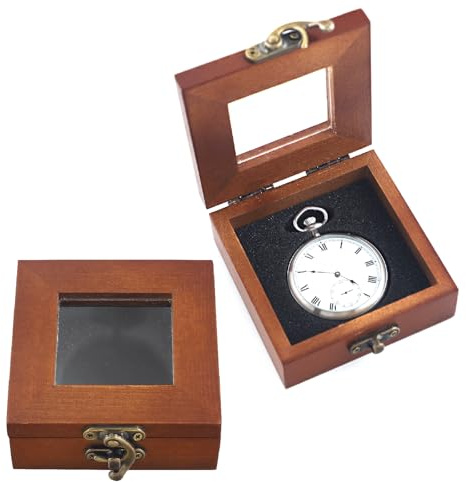 Tiong Vintage Wooden Pocket Watch Box with Clear Acrylic Lid Luxury Storage Pocket Watches Protector Display Storage Gift Box