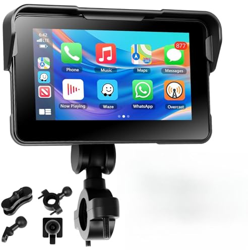 Motorsi Motorrad Carplay Bildschirm mit Navigation, Tragbarer 5 Zoll Wasserdichter Touchscreen mit Kabelloses CarPlay und Android Auto Motorrad, Bluetooth, EQ, Kalibrierung Berühren