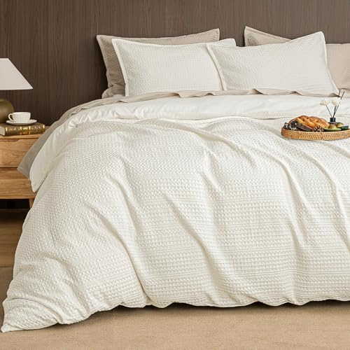PHF Soft Waffle Duvet Cover Queen Size- Luxury Textured No Snagging Waffle Weave Comforter Duvet Cover(90x90) with 2 Pillow Shams, 3 Pieces Breathable Bedding Set for All Season, Cream