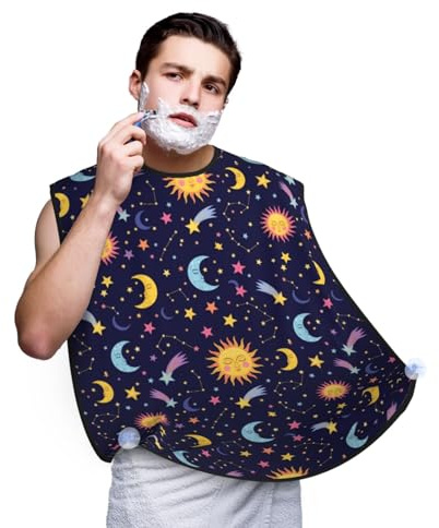 PPIKTC Beard Hair Catcher for Men, Waterproof Shaving Bib Apron Non-Stick, Trimming Tool for Dad Husband, Space Galaxy Constellation Sun Moon Stars Pattern Shave Bib