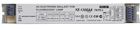 Balasto electrónico, YZ-136EAA YZ-236EAA YZ-336EAA 220-240 V 1 x 36 W 2 x 36 W 3 x 36 W Balasto electrónico T8(YZ-136EAA)