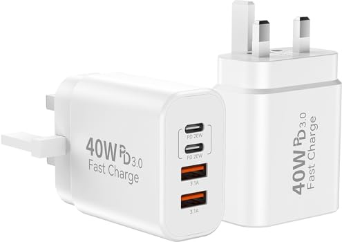 USB C Plug Fast Charger 40W 4-Port USBC Plug UK PD Power Adapter+QC Multi Mains Wall Charger Plug Fast Charging 2-Pack Type C Head Lead for iPhone 17/16/15/14/13/12/11/XS/XR,Samsung,iPad, AirPod White