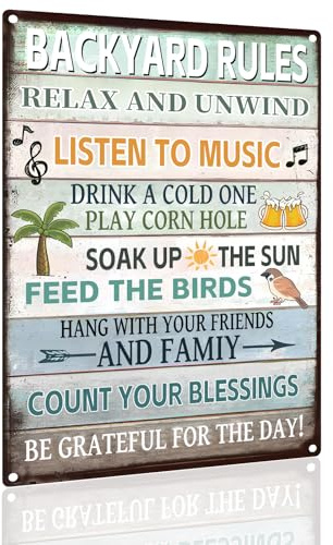Vintage Metal Sign Backyard Rules – Rustic Outdoor Wall Decor for Patio, Garden, Porch – Housewarming Gift, 8x12 Inch (2542)
