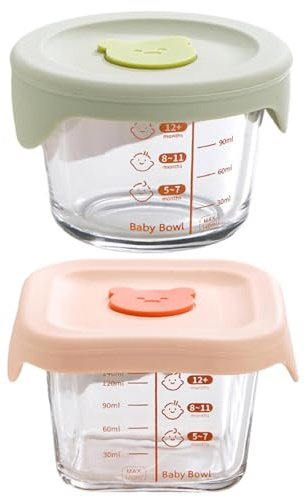 SMELEYOU 2Pcs Baby Food Storage Airtight Glass Baby Food Jars with Silicone Lid & Scale Microwave Safe Snack Containers ideal for Milk Fruit 180ml + 140ml