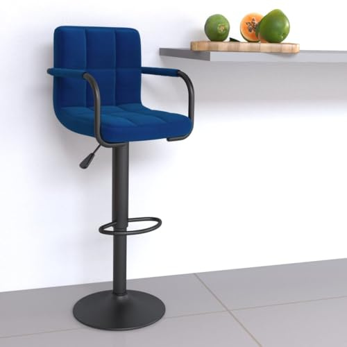 QUAHEAS Moderner Barhocker Blau aus weichem Stoff mit Armlehnen, höhenverstellbar und 360° drehbar, ideal für Kücheninsel, Esszimmer und Theke, bequemer Barstuhl mit Stabiler Fußstütze