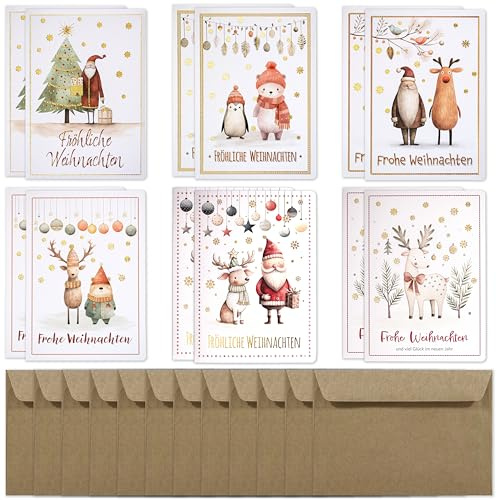 Weihnachtskarten mit Umschlägen Din A6 – 12er-Set exklusiver Art Nuvo-Karten. 6 Designs, je 2 Karten, mit Umschlägen aus Recyclingpapier.