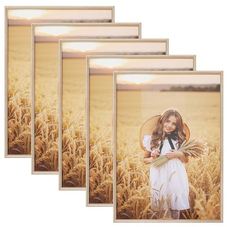 WOLTU Bilderrahmen 50x70, 3er set, Massivholz Fotorahmen mit Passepartout | Gold, Front aus PS-Platte, Posterrahmen zum vertikalen oder horizontalen Aufhängen und Aufstellen, Collage Wanddeko