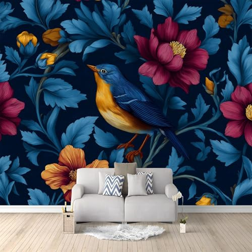 Carta Da Parati Soggiorno Fiori Uccelli Blu Scuro 300x210 cm Murale Poster Grande Arte 3D, Carta Da Parati Fotomurale Decora per Camera Letto, Sala Pranzo, Cucina