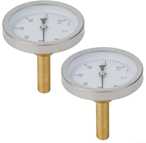 Bebykilemi Confezione da 2 termometri bimetallici da 63 mm con guaina in rame e filettatura a vite da 2 per caldaia, sistema di riscaldamento e stufa esterna (0-120 °C)