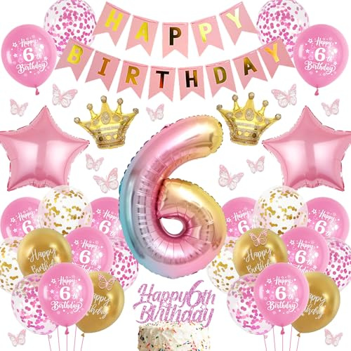 batnite Luftballon 6. Geburtstag Mädchen Rosa - Happy Birthday Banner und Riesen Bunt Folienballon Zahl 6, 3D Schmetterlinge und Tortendeko Geburtstagsdeko Ballon für 6 Jahre Geburtstag Deko