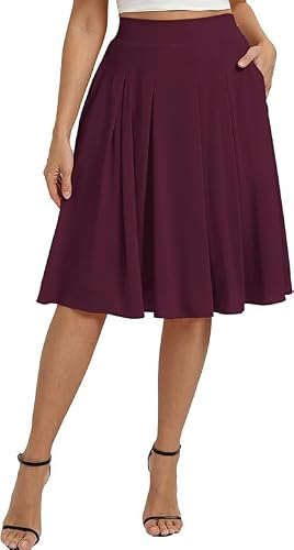 Belle Poque Gonna midi da donna, elegante, a vita alta, linea ad A, basica, plissettata, con tasche
