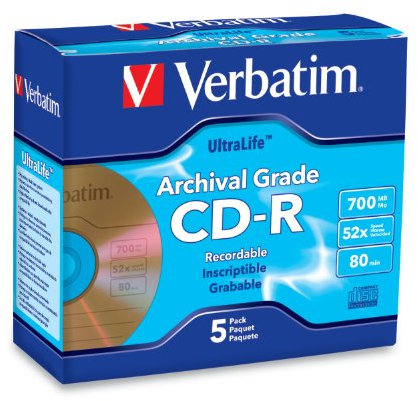 Verbatim 700MB 52x UltraLife Disco Grabable Oro de Grado Archival CD-R, 5-Disc Jewel Case 96319