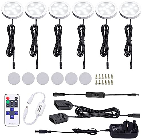 AIBOO Under Cabinet Kitchen Lights LED Wired 6 Pack with Remote,Dimmable Daylight White Puck Lights Mains Hardwired and Pulg in Under Cupboard Lighting for Closet,Counter,Cupboard,Shelf