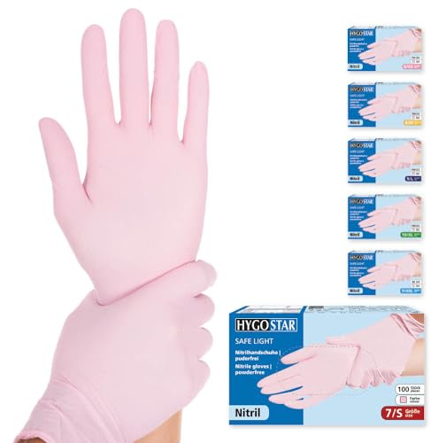 FRANZ MENSCH Hygostar Nitrilhandschuhe Safe Light | puderfrei, rosa, 7/S, 24cm, 100 Stück, Einweghandschuhe, Einmalhandschuhe, in Gr. XS, S, M, L, XL & XXL verfügbar