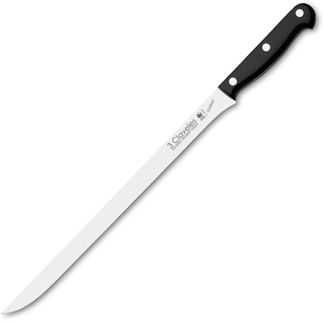 3 Claveles Uniblock - Cuchillo jamonero, de 30 cm - 12 sin alveolos, Mango Pom, Cuchillo Profesional para Cortar jamón, Finas lonchas