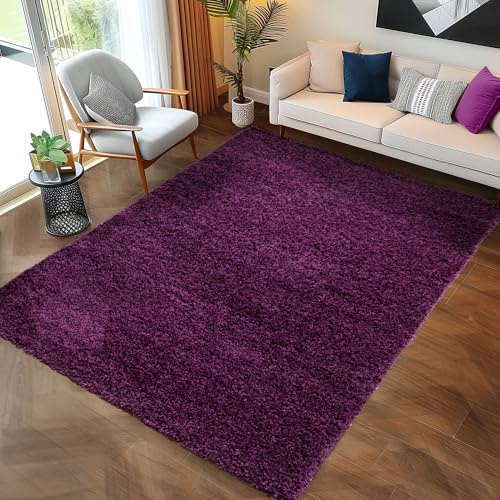 Carpettex Hochflor Teppich 140 x 200 cm Violett - Flauschiger Extra Weich und Pflegeleicht - Shaggy Modern Einfarbig Design für Wohnzimmer, Schlafzimmer, Esszimmer und Küche