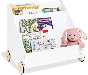 PINOLINO Regal Lasse – Bücherregal Kinder 3 Fächer, weißes Kinderbücherregal fürs Kinderzimmer, Kinderregal mit Geheimfach, Spielzeugregal mit gummierten Holzrädern, ab 3 Jahren