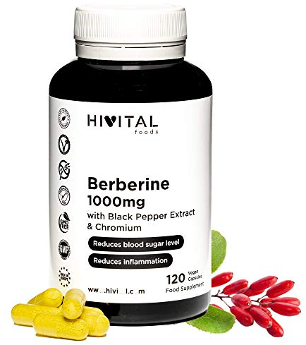 Berberin 1000 mg. 120 vegane Kapseln für für 2 Monate Behandlung. Natürlicher Extrakt aus Berberis Vulgaris mit Chrom und schwarzem Pfeffer zur Verbesserung der Aufnahme. Hergestellt von HIVITAL