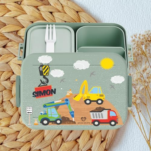 wolga-kreativ personalisierte Mepal Brotdose Kinder mit Fächern Baustelle Motiv - Lunchbox Kindergarten, Jausenbox Schule Geschenk Einschulung