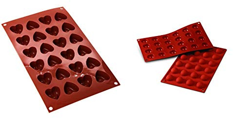 silikomart 20.089.00.0060 SF089 Moule Forme Cœur Savarin Taille Petite 24 Cavités Silicone Terre Cuite & 20.006.00.0060 SF006 Moule Forme Demi-Sphères 24 Cavités Silicone Terre Cuite