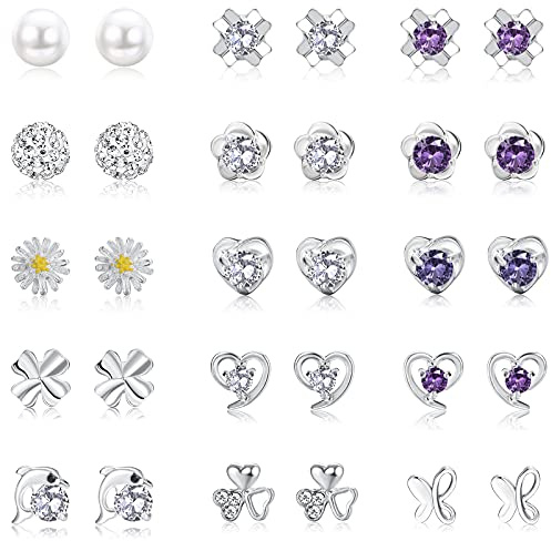 Milacolato Örhängen, 15 par, små pläterade 925 sterling silver, stiftörhängen i set för kvinnor/flickor., zirkonia, pärla, kristall, runda, hjärtformade, CZ, med blomma och fjäril, örhängen för barn,
